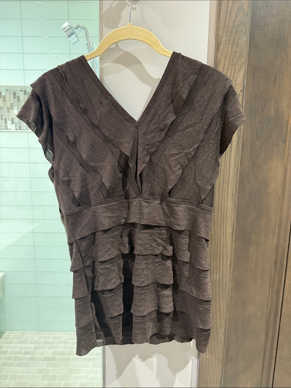 Brown Ruffle V-Neck Layered Blouse - Picture 6 of 6